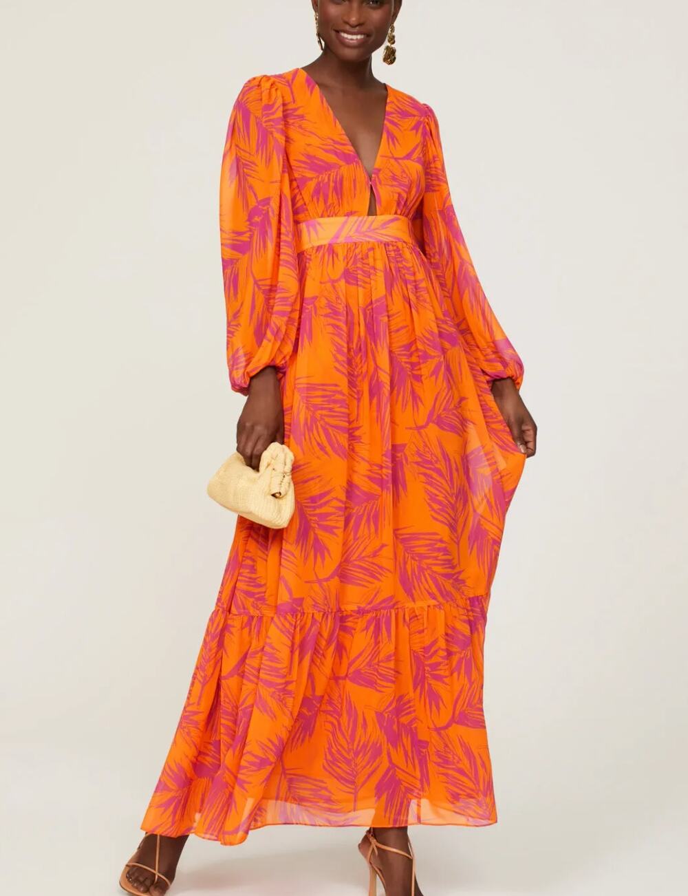 Toccin Orange Chiffon Peasant Maxi Dress SIZE 2 Tier Ruffle Party Designer $545